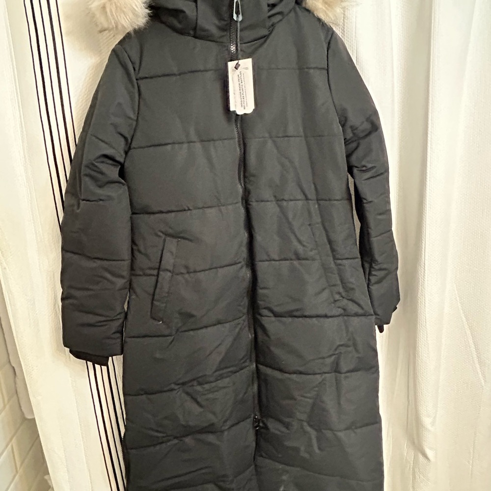 Noise Maxi Length Black Puffer Coat with Fur Hood
